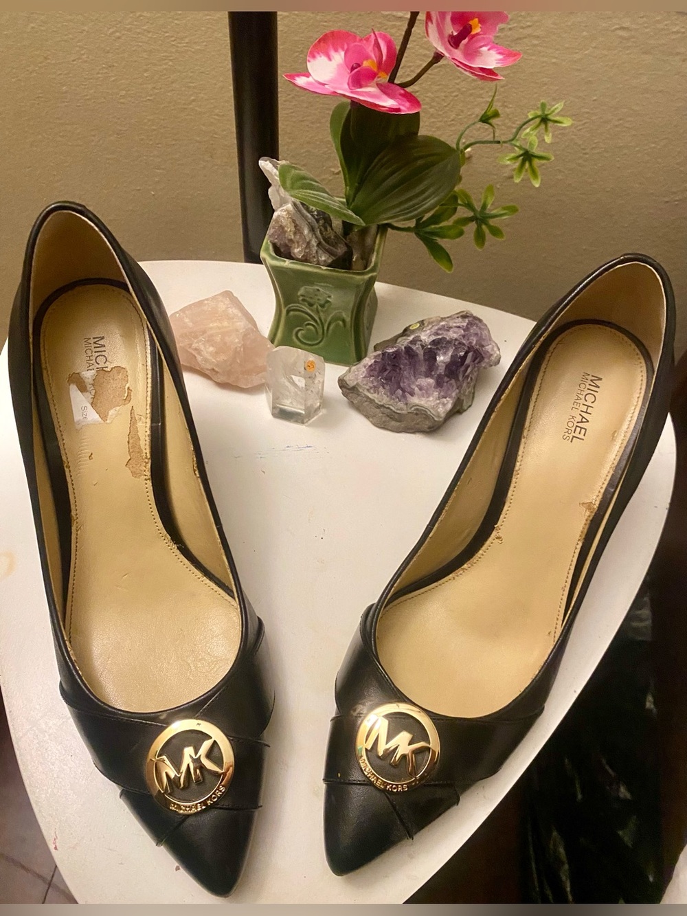 MICHAEL Michael Kors Black Pointed Toe Heels with Gold MK Emblem